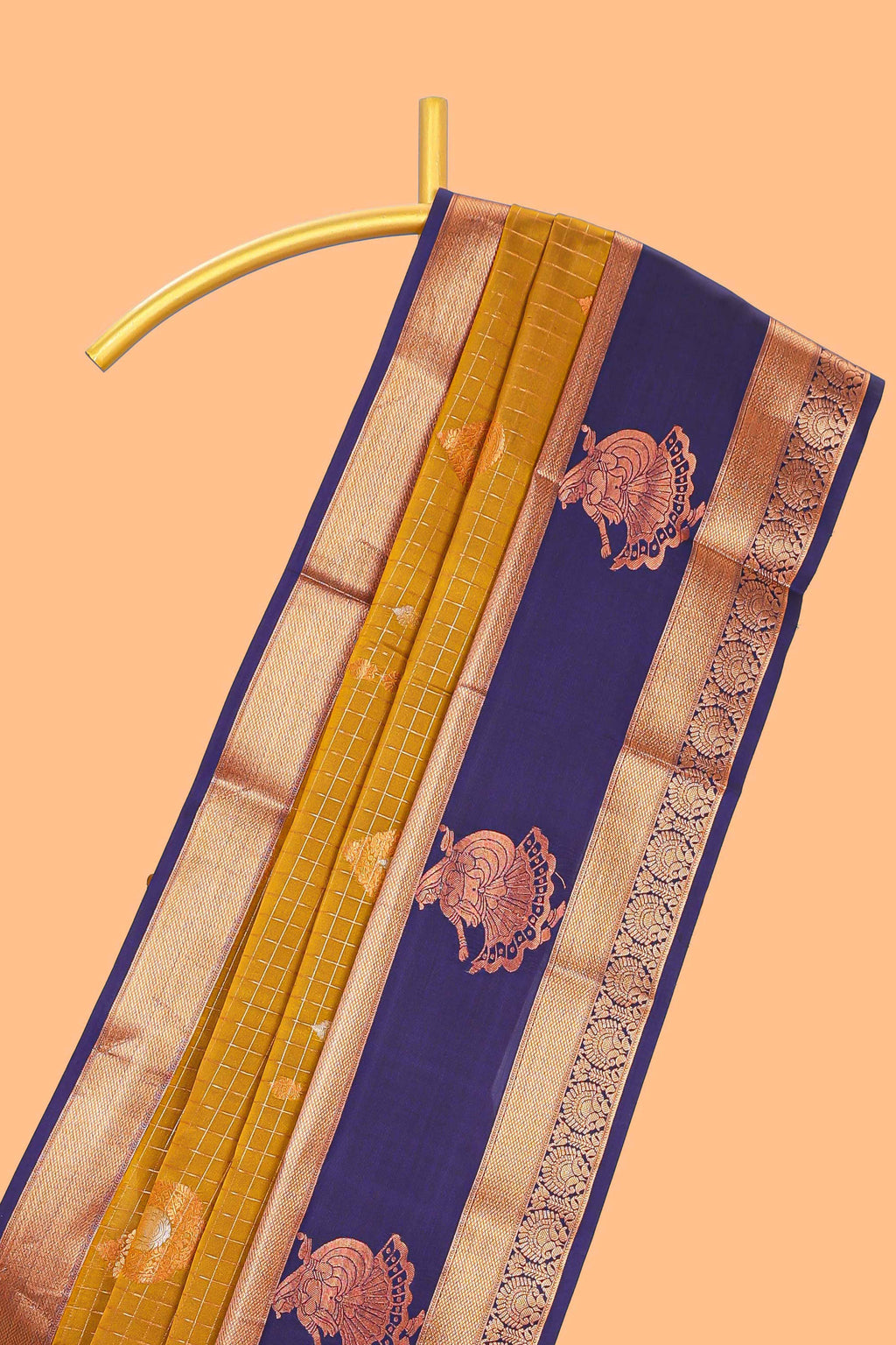 Mustard gold checked and floral motifs semi soft silk saree with contrast pavai motifs border and blouse
