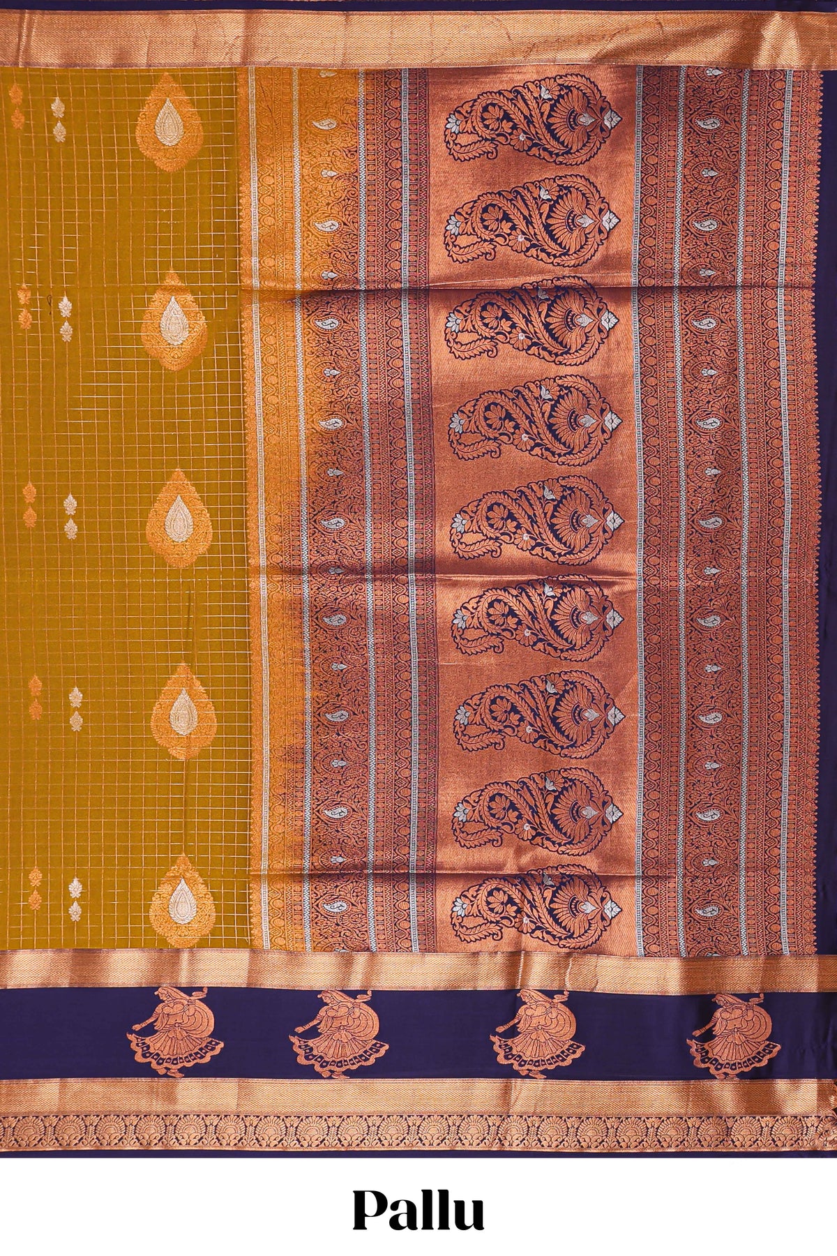 Mustard gold checked and floral motifs semi soft silk saree with contrast pavai motifs border and blouse