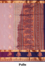 Light pink checked and floral motifs semi soft silk saree with contrast pavai motifs border and blouse
