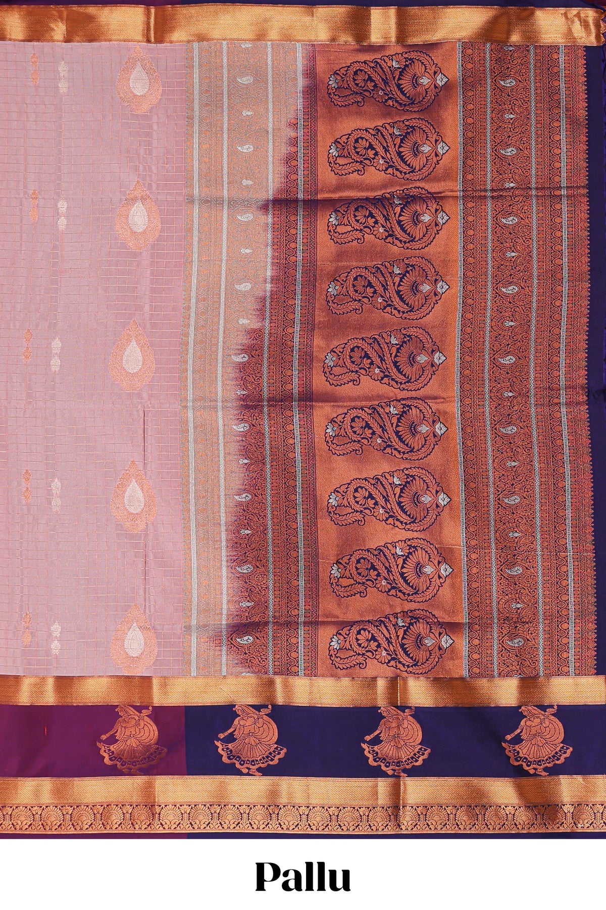 Light pink checked and floral motifs semi soft silk saree with contrast pavai motifs border and blouse