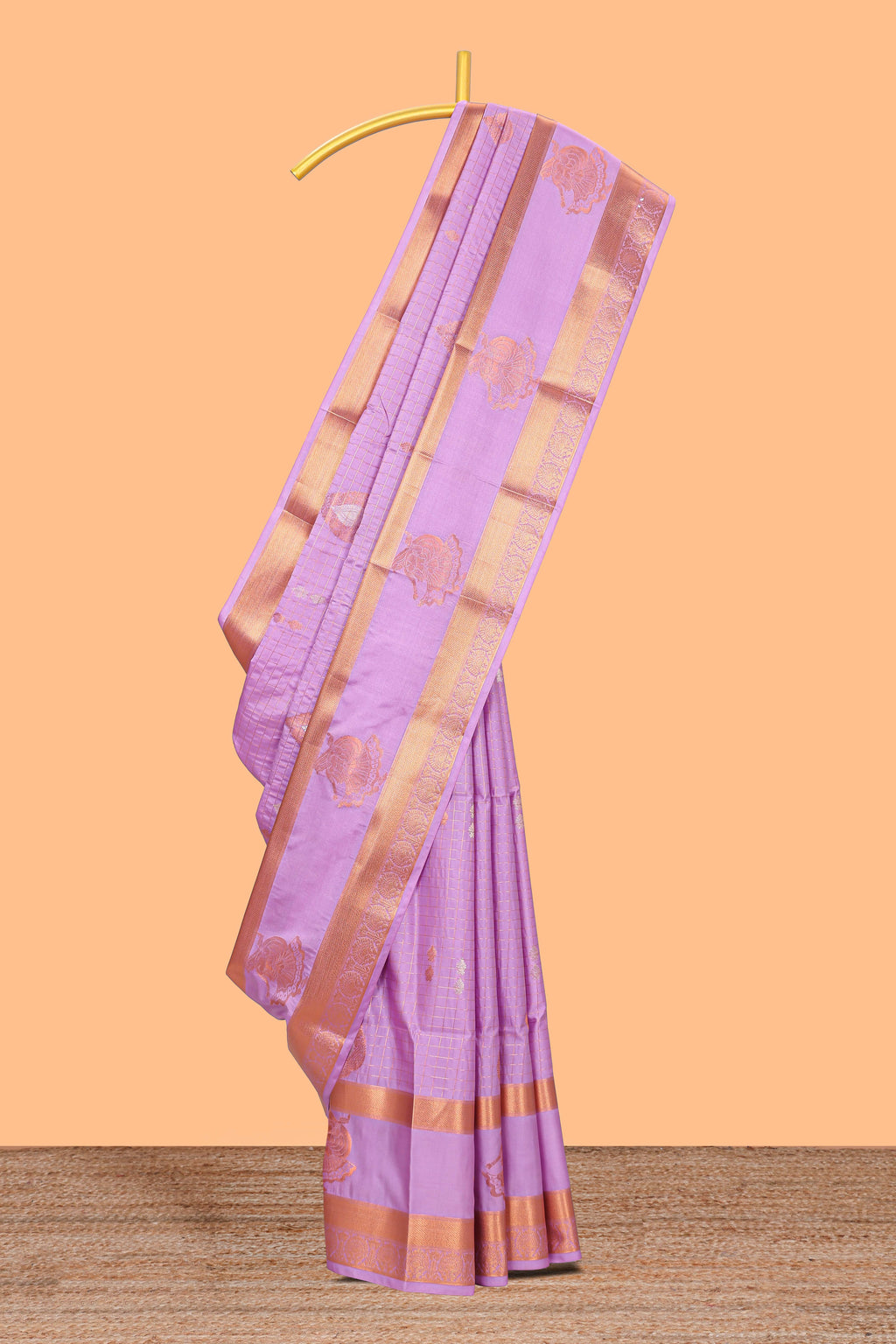 Lilac-lavender checked and butta designed semi soft silk saree with self zari pavai motifs border and blouse
