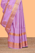 Lilac-lavender checked and butta designed semi soft silk saree with self zari pavai motifs border and blouse