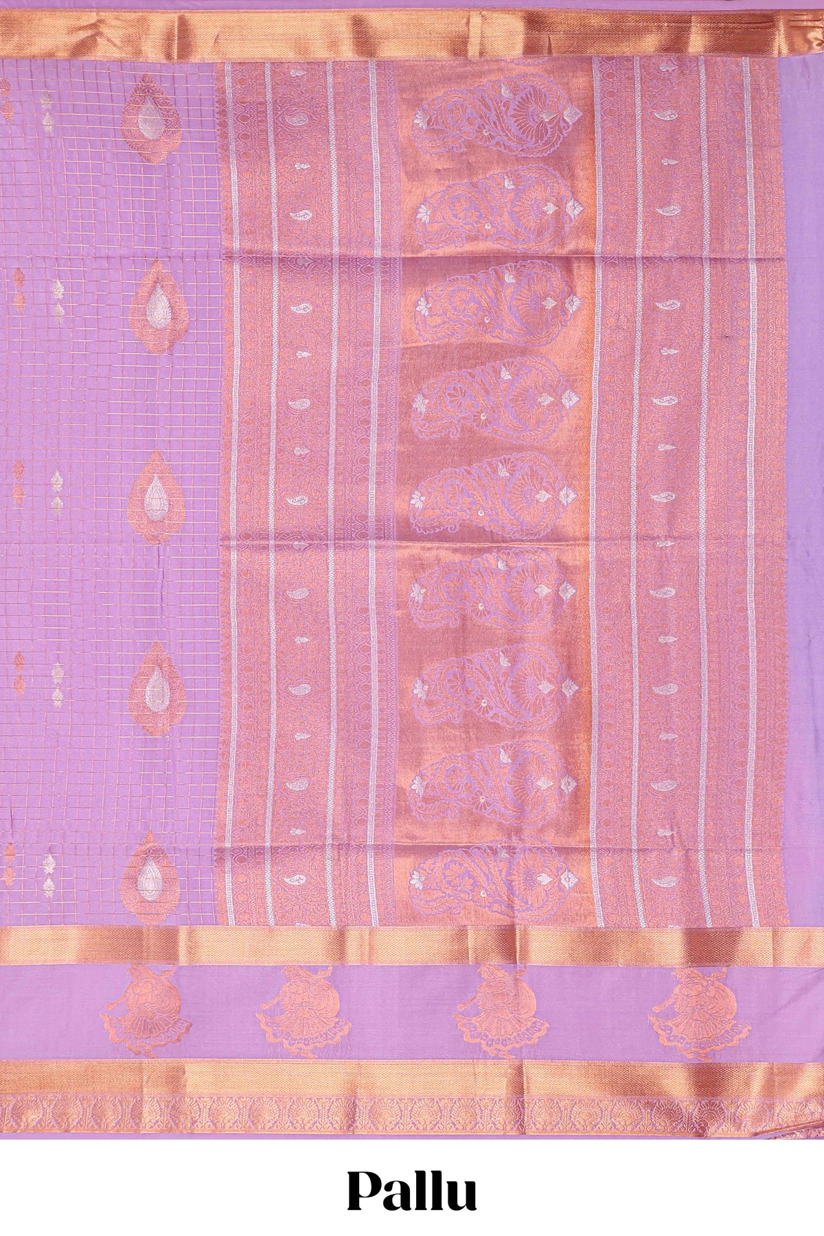 Lilac-lavender checked and butta designed semi soft silk saree with self zari pavai motifs border and blouse