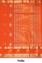 Bright orange checked and butta designed semi soft silk saree with self zari pavai motifs border and blouse