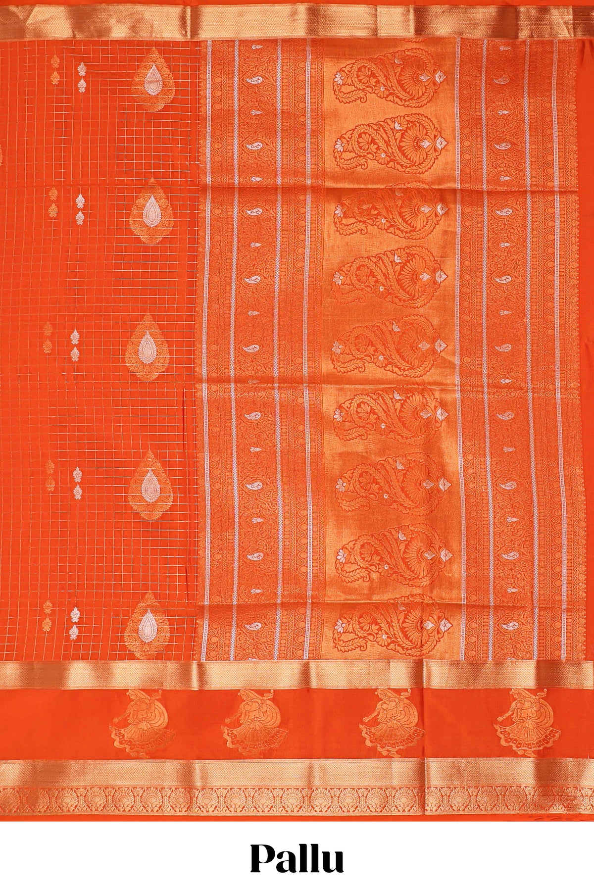 Bright orange checked and butta designed semi soft silk saree with self zari pavai motifs border and blouse