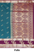 Teal-peacock blue striped and leafy motifs semi soft silk saree with contrast zari manga motifs border and blouse