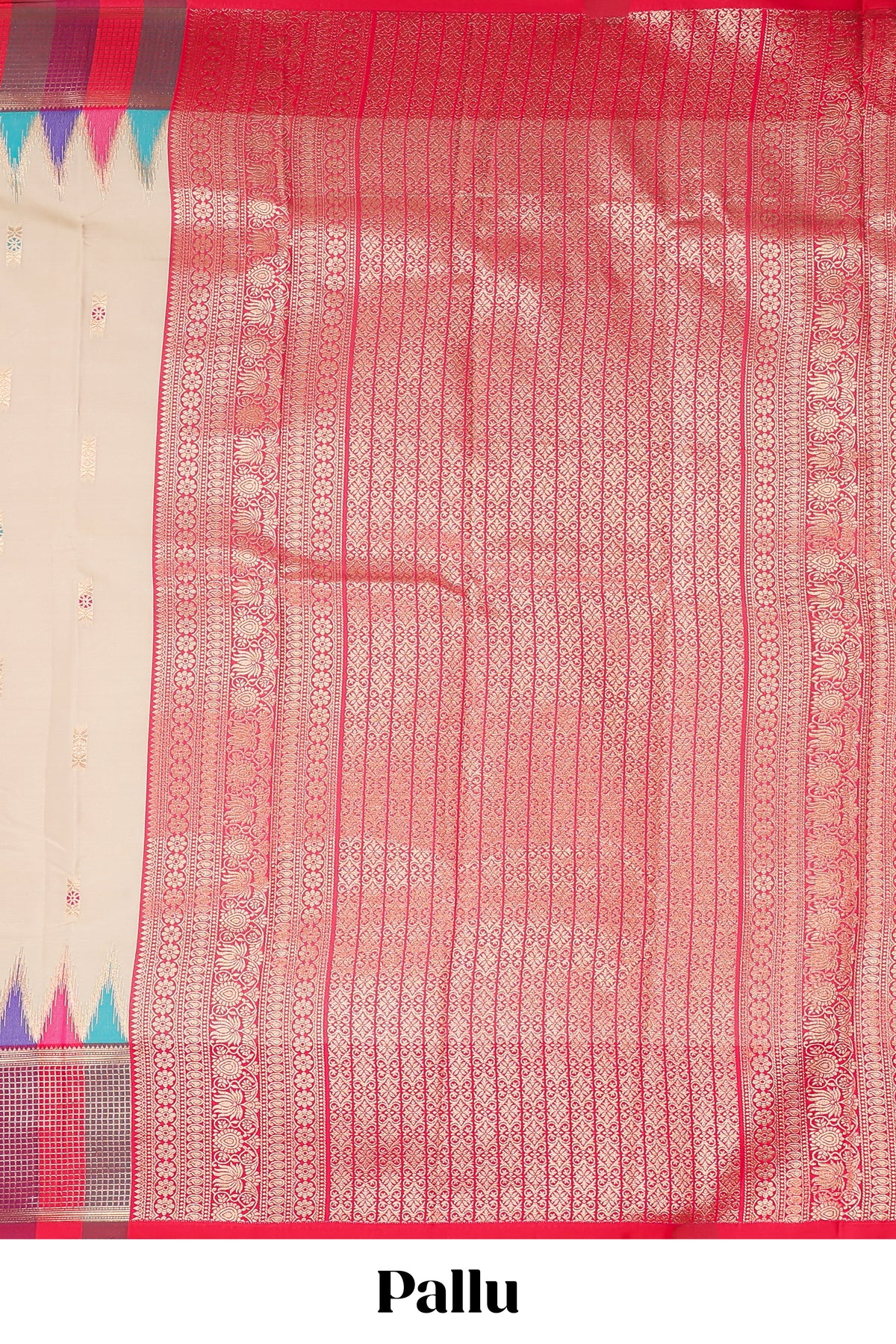 Cream geometric butta motifs semi soft silk saree with contrast multicolor checked border and blouse