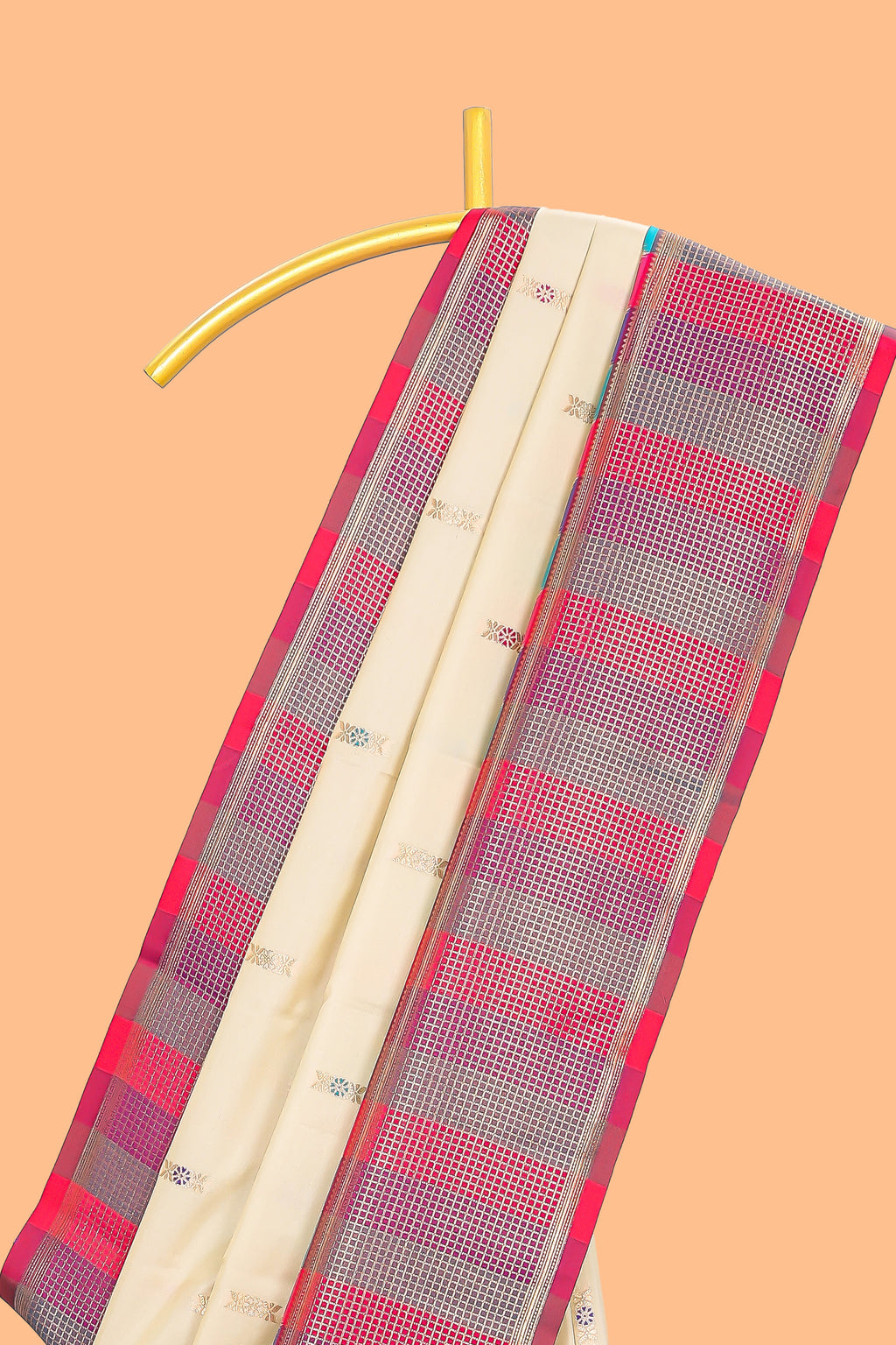 Cream geometric butta motifs semi soft silk saree with contrast multicolor checked border and blouse