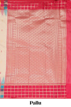 Cream geometric motifs semi soft silk saree with contrast multicolor checked border and blouse
