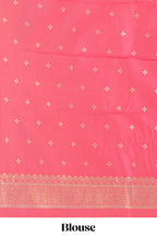 Cream geometric motifs semi soft silk saree with contrast multicolor checked border and blouse