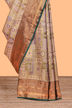 Pastel Sage Green Tissue Silk Saree with Antique Gold Zari Weaving and Dark Green Contrast Border and Contrast Blouse