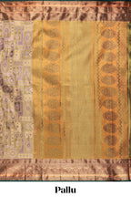 Pastel Sage Green Tissue Silk Saree with Antique Gold Zari Weaving and Dark Green Contrast Border and Contrast Blouse