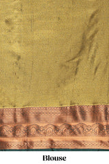 Pastel Sage Green Tissue Silk Saree with Antique Gold Zari Weaving and Dark Green Contrast Border and Contrast Blouse