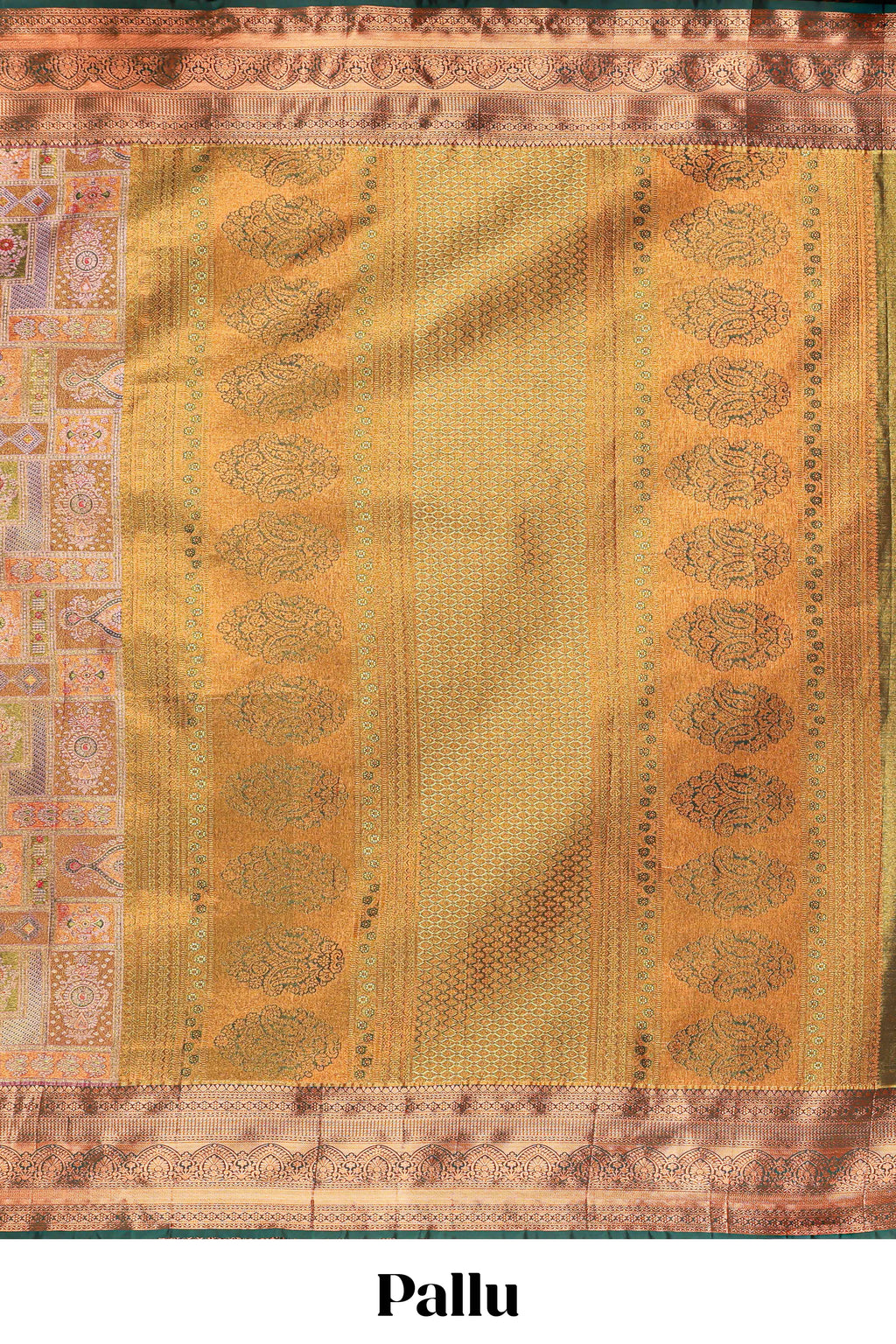 Pastel Sage Pink Tissue Silk Saree with Antique Gold Zari Weaving and Dark Green Contrast Border and Contrast Blouse