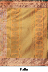 Pastel Sage Pink Tissue Silk Saree with Antique Gold Zari Weaving and Dark Green Contrast Border and Contrast Blouse