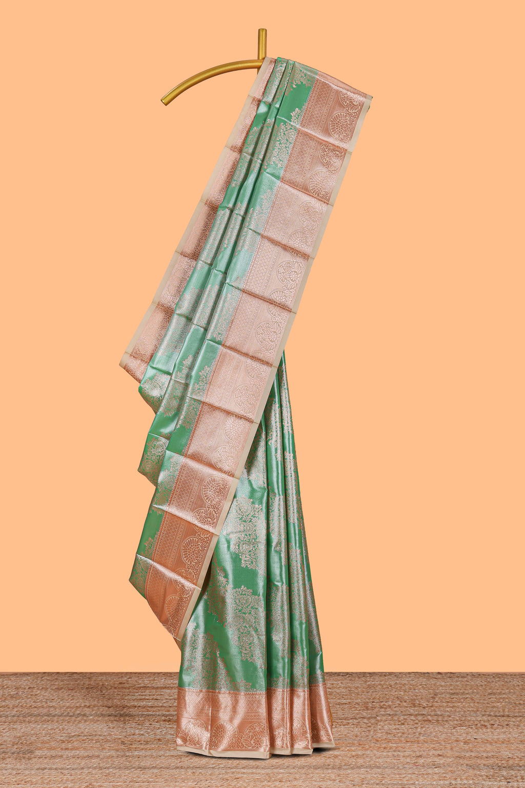 Green Colour Tissue Silk Saree with Rich silver Zari Floral Weaving and  Contrast Border and Contrast Blouse
