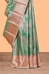 Green Colour Tissue Silk Saree with Rich silver Zari Floral Weaving andContrast Border and Contrast Blouse