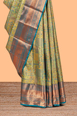 Green Tissue Silk Saree with Antique Gold Zari Weaving and Dark Green Contrast Border and Matching Blouse