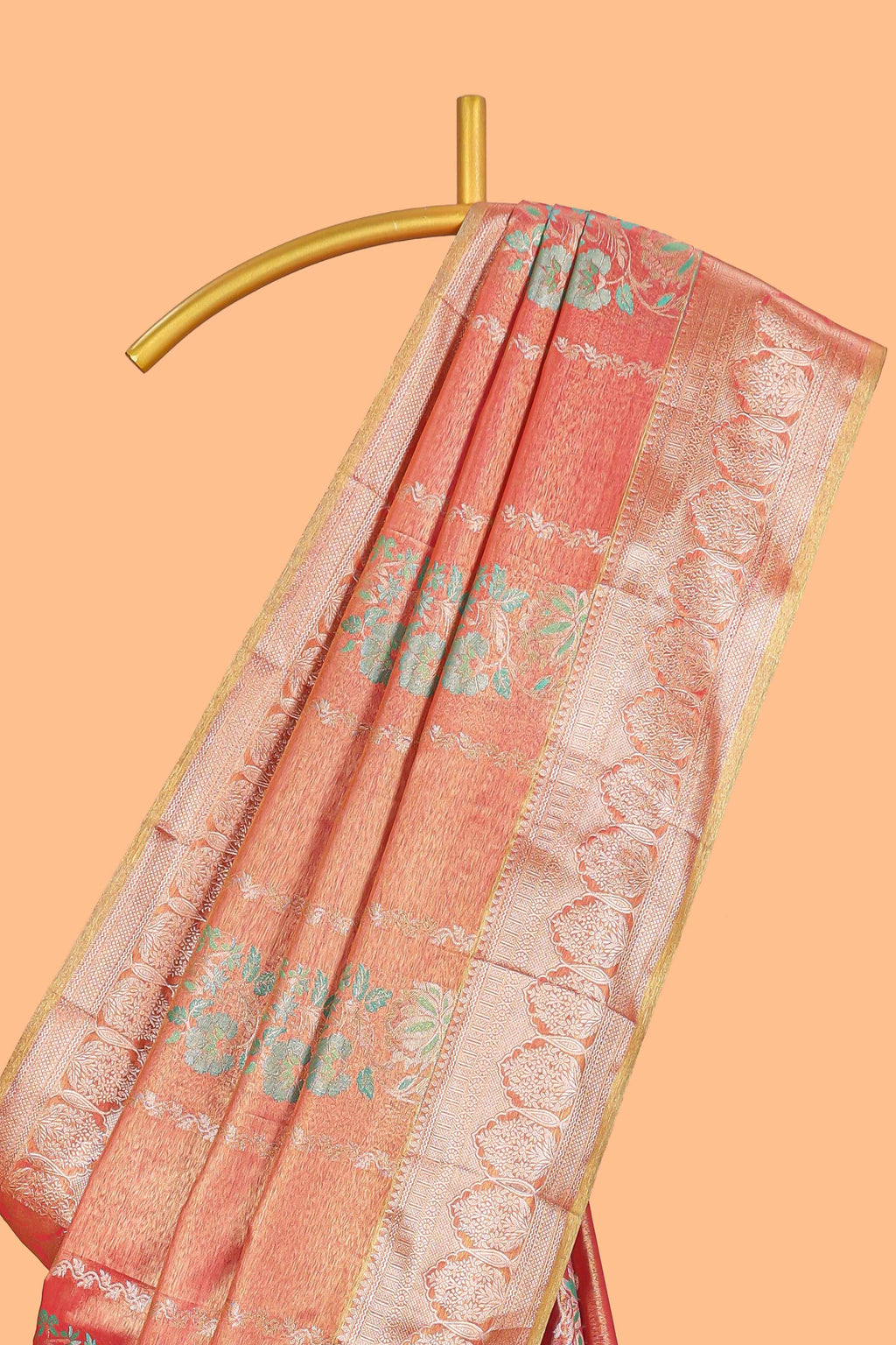 Coral Peach Pink Tissue Silk Saree with Silver Zari Weaving and Pastel  Floral Accents along with Matching Blouse