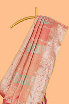 Coral Peach Pink Tissue Silk Saree with Silver Zari Weaving and Pastel  Floral Accents along with Matching Blouse