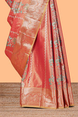 Coral Peach Pink Tissue Silk Saree with Silver Zari Weaving and PastelFloral Accents along with Matching Blouse