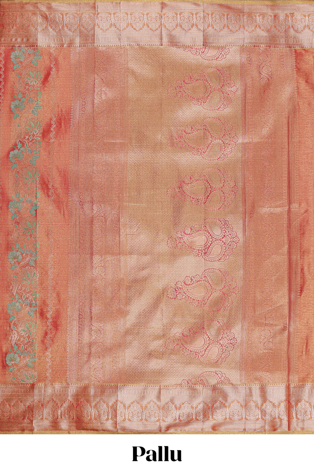 Coral Peach Pink Tissue Silk Saree with Silver Zari Weaving and Pastel  Floral Accents along with Matching Blouse