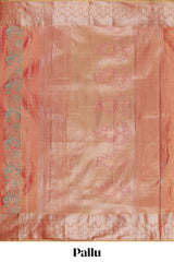 Coral Peach Pink Tissue Silk Saree with Silver Zari Weaving and PastelFloral Accents along with Matching Blouse