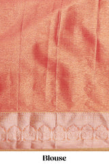 Coral Peach Pink Tissue Silk Saree with Silver Zari Weaving and PastelFloral Accents along with Matching Blouse