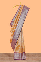 Mustard Gold Tissue Silk Saree with Antique Gold Zari Weaving and Contrast Wine Purple Border along with Contrast Blouse