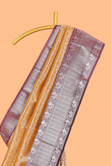 Mustard Gold Tissue Silk Saree with Antique Gold Zari Weaving and Contrast Wine Purple Border along with Contrast Blouse