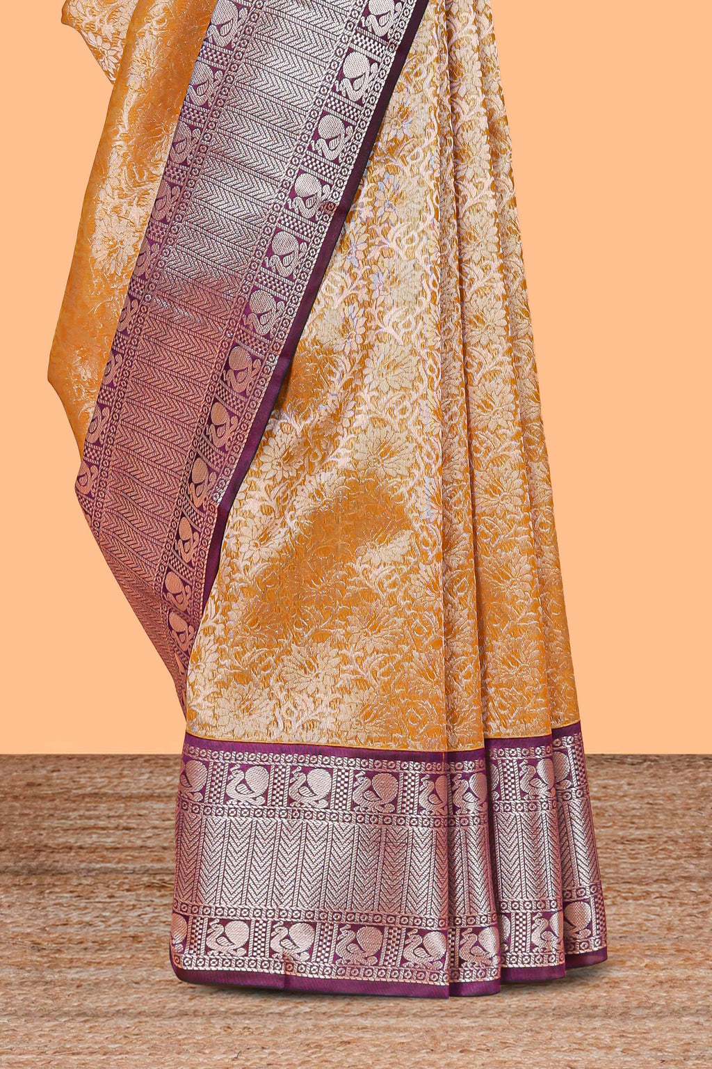 Mustard Gold Tissue Silk Saree with Antique Gold Zari Weaving and Contrast Wine Purple Border along with Contrast Blouse