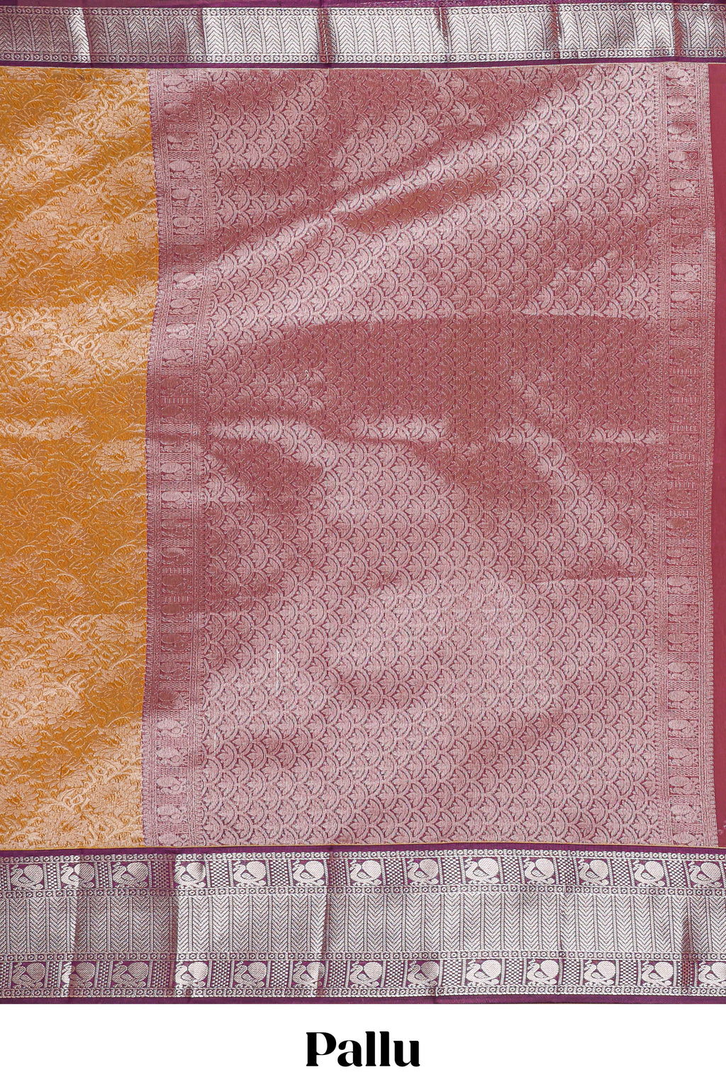 Mustard Gold Tissue Silk Saree with Antique Gold Zari Weaving and Contrast Wine Purple Border along with Contrast Blouse