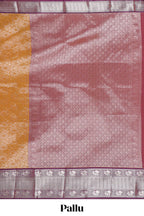 Mustard Gold Tissue Silk Saree with Antique Gold Zari Weaving and Contrast Wine Purple Border along with Contrast Blouse