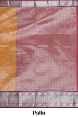 Mustard Gold Tissue Silk Saree with Antique Gold Zari Weaving and Contrast Wine Purple Border along with Contrast Blouse