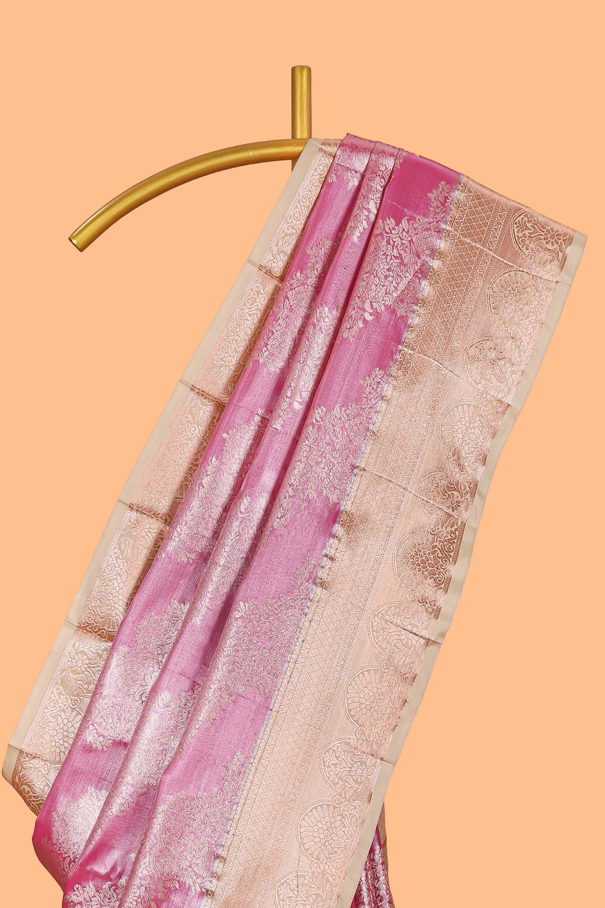 Pink Colour Tissue Silk Saree with Rich Gold Zari Weaving and  Contrast Border and Contrast Blouse