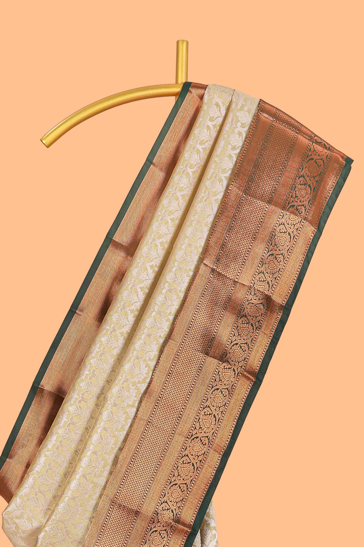 Powder Yellow Tissue Silk Saree with Antique Gold Zari Weaving and Contrast Border along with Contrast Blouse