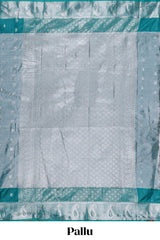 Peacock Teal Blue Tissue Silk Saree with Silver Zari Weaving and Contrast Teal Border along with Matching Blouse