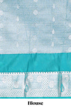 Peacock Teal Blue Tissue Silk Saree with Silver Zari Weaving and Contrast Teal Border along with Matching Blouse