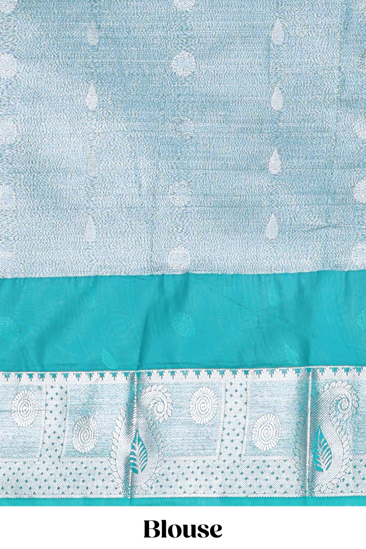 Peacock Teal Blue Tissue Silk Saree with Silver Zari Weaving and Contrast Teal Border along with Matching Blouse