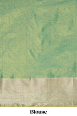 Pastel Green Tissue Silk Saree with Zari Weaving and PastelFloral Accents along with Matching Blouse
