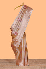 Champagne Gold Tissue Silk Saree with Silver Zari Weaving and Pink Floral Accents along with Matching Blouse