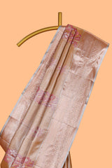 Champagne Gold Tissue Silk Saree with Silver Zari Weaving and Pink Floral Accents along with Matching Blouse