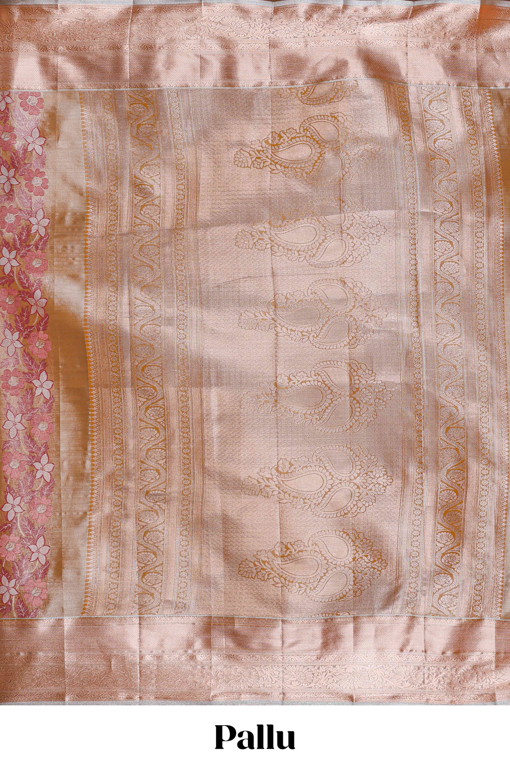 Champagne Gold Tissue Silk Saree with Silver Zari Weaving and Pink Floral Accents along with Matching Blouse