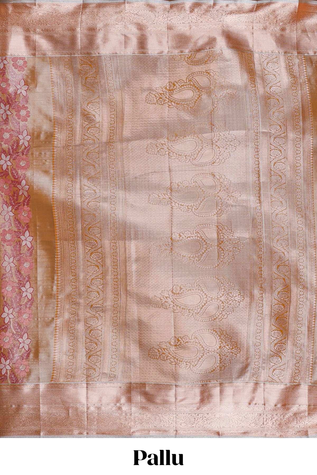 Champagne Gold Tissue Silk Saree with Silver Zari Weaving and Pink Floral Accents along with Matching Blouse