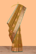 Antique Olive Green Tissue Silk Saree with Rich Gold Zari Weaving and Teal Green Contrast Border along with Contrast Blouse