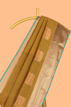 Antique Olive Green Tissue Silk Saree with Rich Gold Zari Weaving and Teal Green Contrast Border along with Contrast Blouse