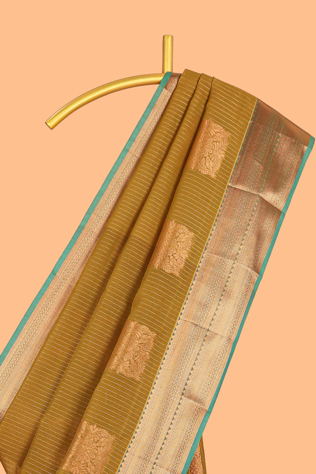 Antique Olive Green Tissue Silk Saree with Rich Gold Zari Weaving and Teal Green Contrast Border along with Contrast Blouse