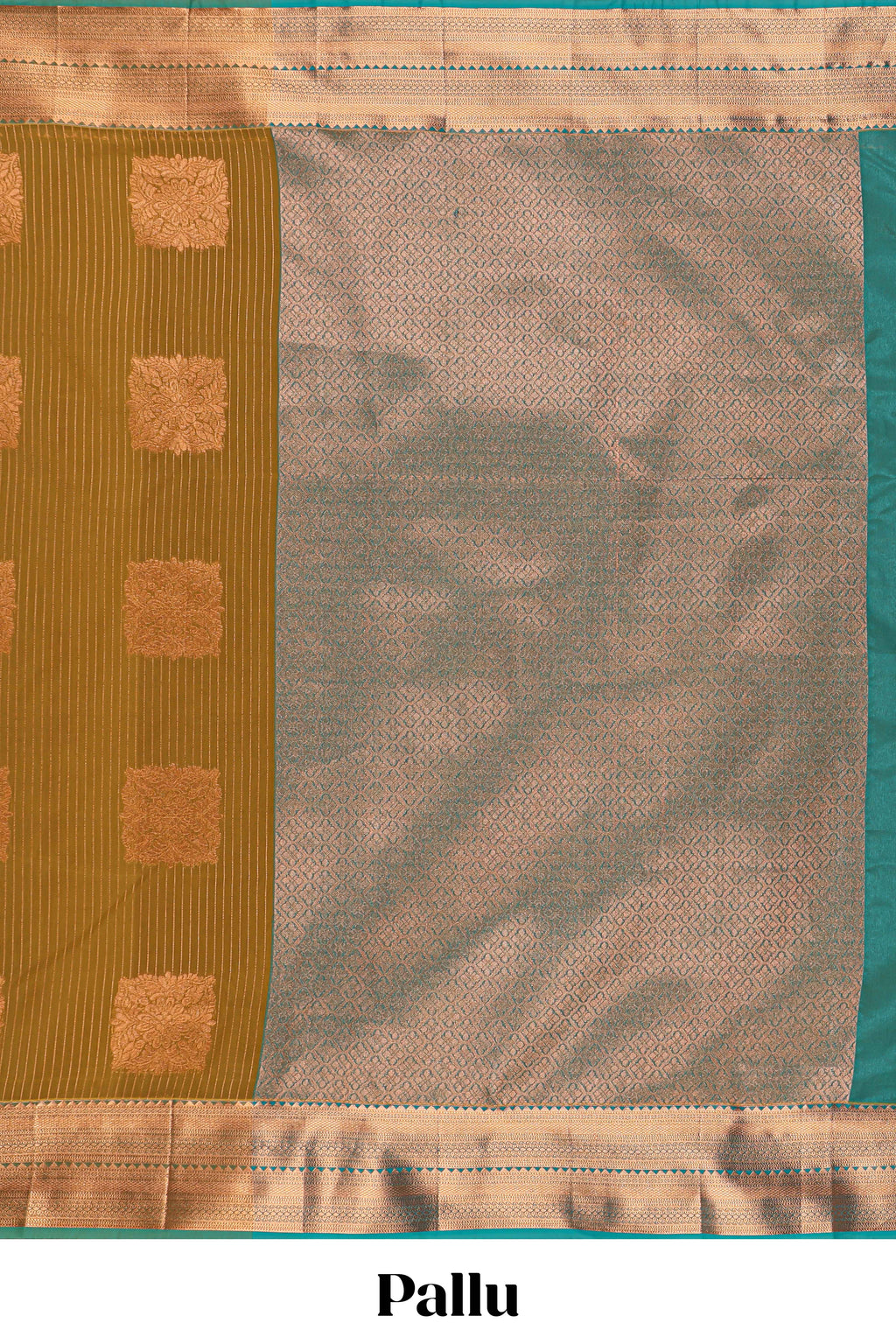 Antique Olive Green Tissue Silk Saree with Rich Gold Zari Weaving and Teal Green Contrast Border along with Contrast Blouse
