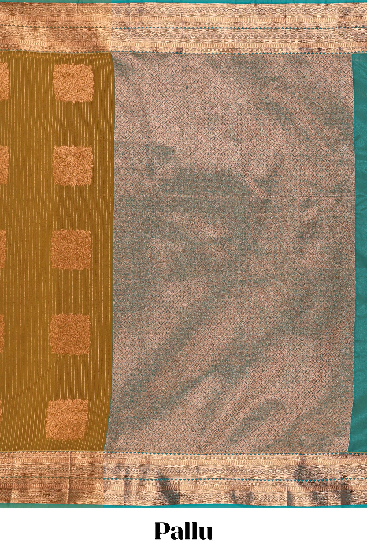 Antique Olive Green Tissue Silk Saree with Rich Gold Zari Weaving and Teal Green Contrast Border along with Contrast Blouse