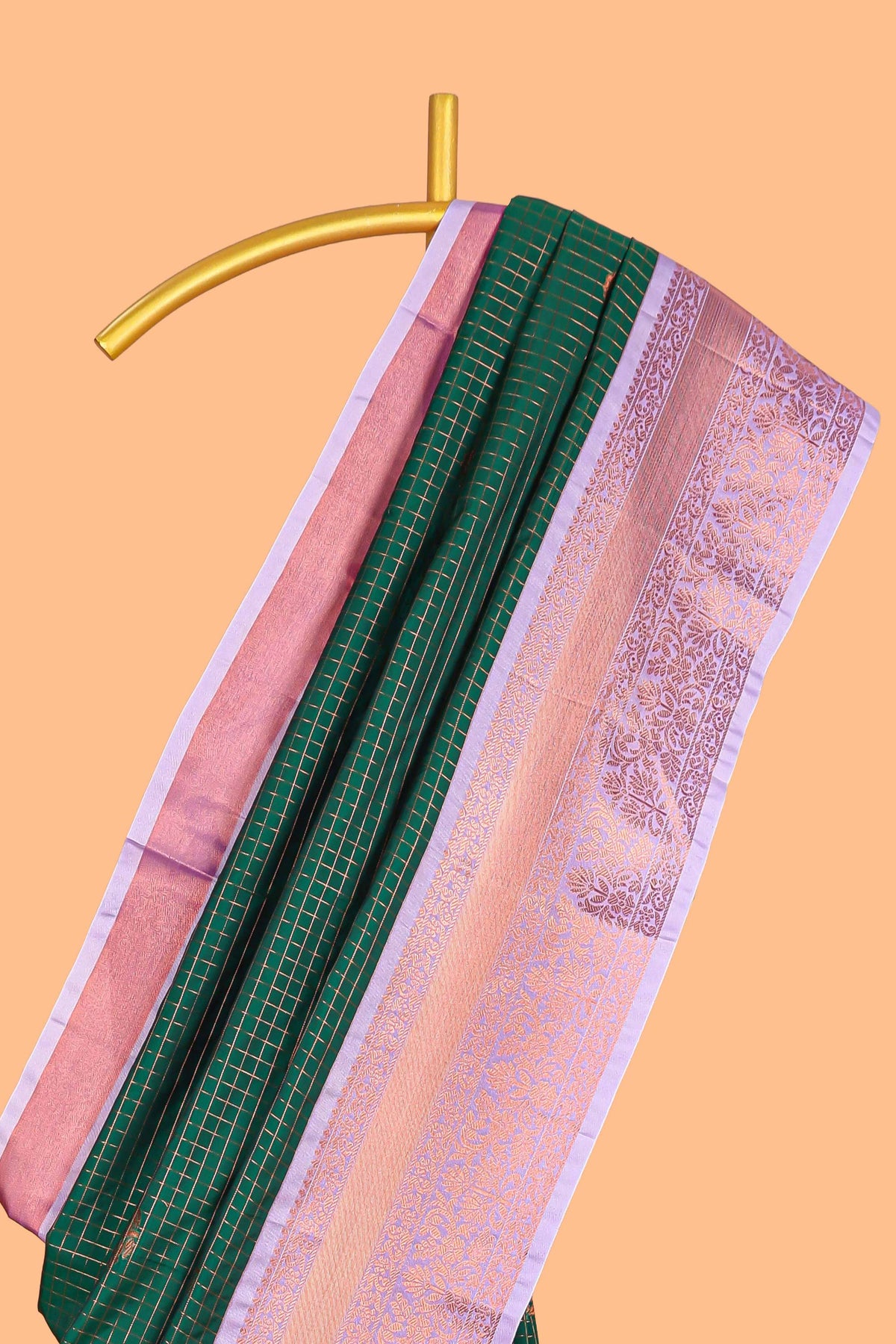 Green Color Tissue Silk Saree with  Zari Checks Weaving Body and Contrast Border along with Contrast Blouse